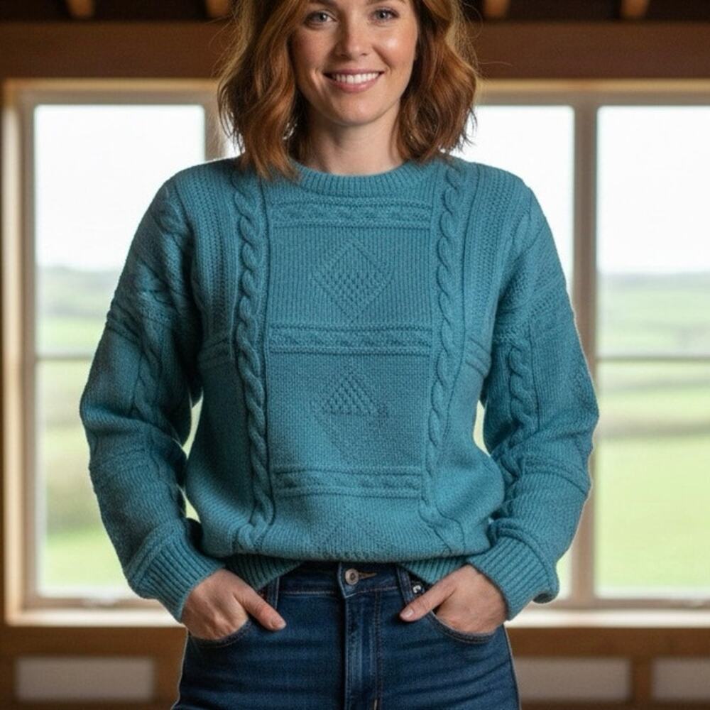 Vintage 80s Teal Irish Aran Sweater 100% Wool Large